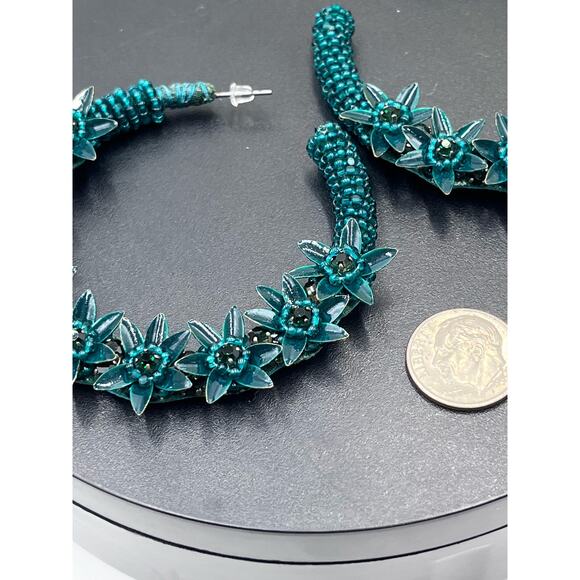 Deepa Gurnani Signed Handmade Green Beaded Floral Hoop Earrings Leather Back USA - Picture 6 of 8